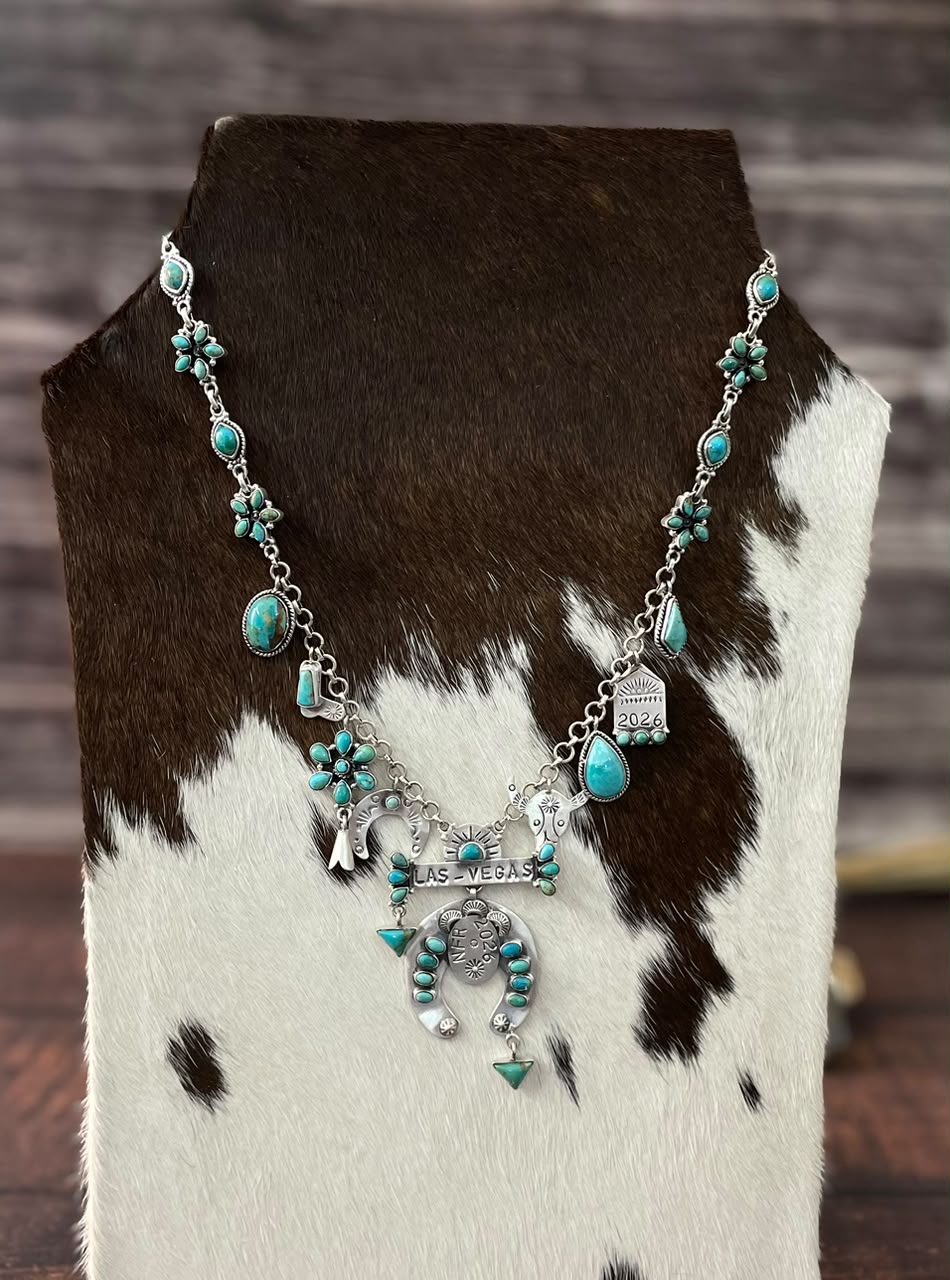 Handmade Sterling Silver Kingman Turquoise NFR Collection: Multi Charms Necklace Signed Nizhoni