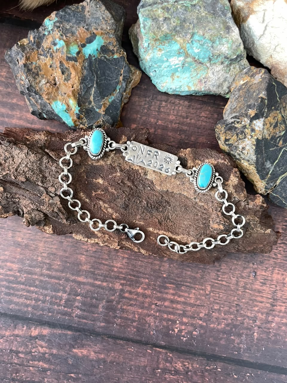 Handmade Sterling Silver Kingman Turquoise NFR Collection: Chain Bracelet Signed Nizhoni