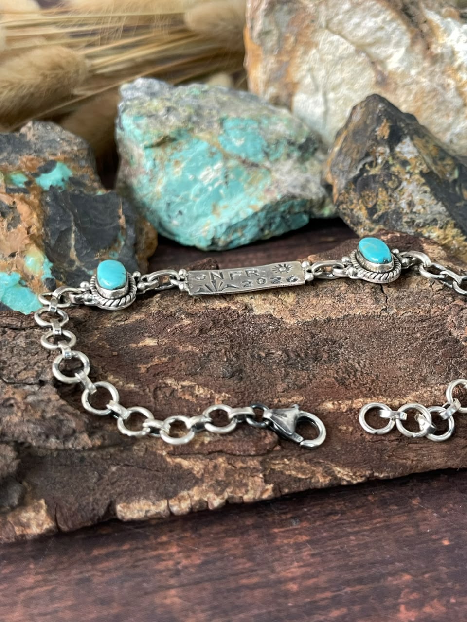 Handmade Sterling Silver Kingman Turquoise NFR Collection: Chain Bracelet Signed Nizhoni