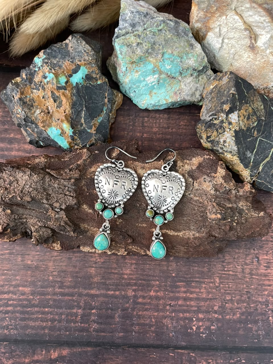 Handmade Sterling Silver Kingman Turquoise NFR Collection: Heart Hook Dangle Earrings Signed Nizhoni