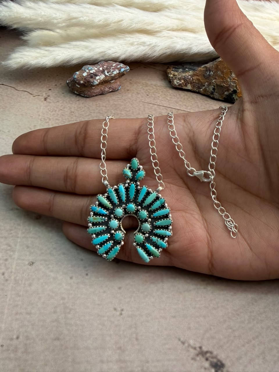 Handmade Sterling Silver Kingman Turquoise Naja Necklace Signed Nizhoni