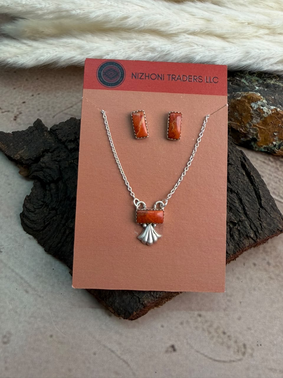 Handmade Sterling Silver Orange Mojave Necklace and Earrings Set Card