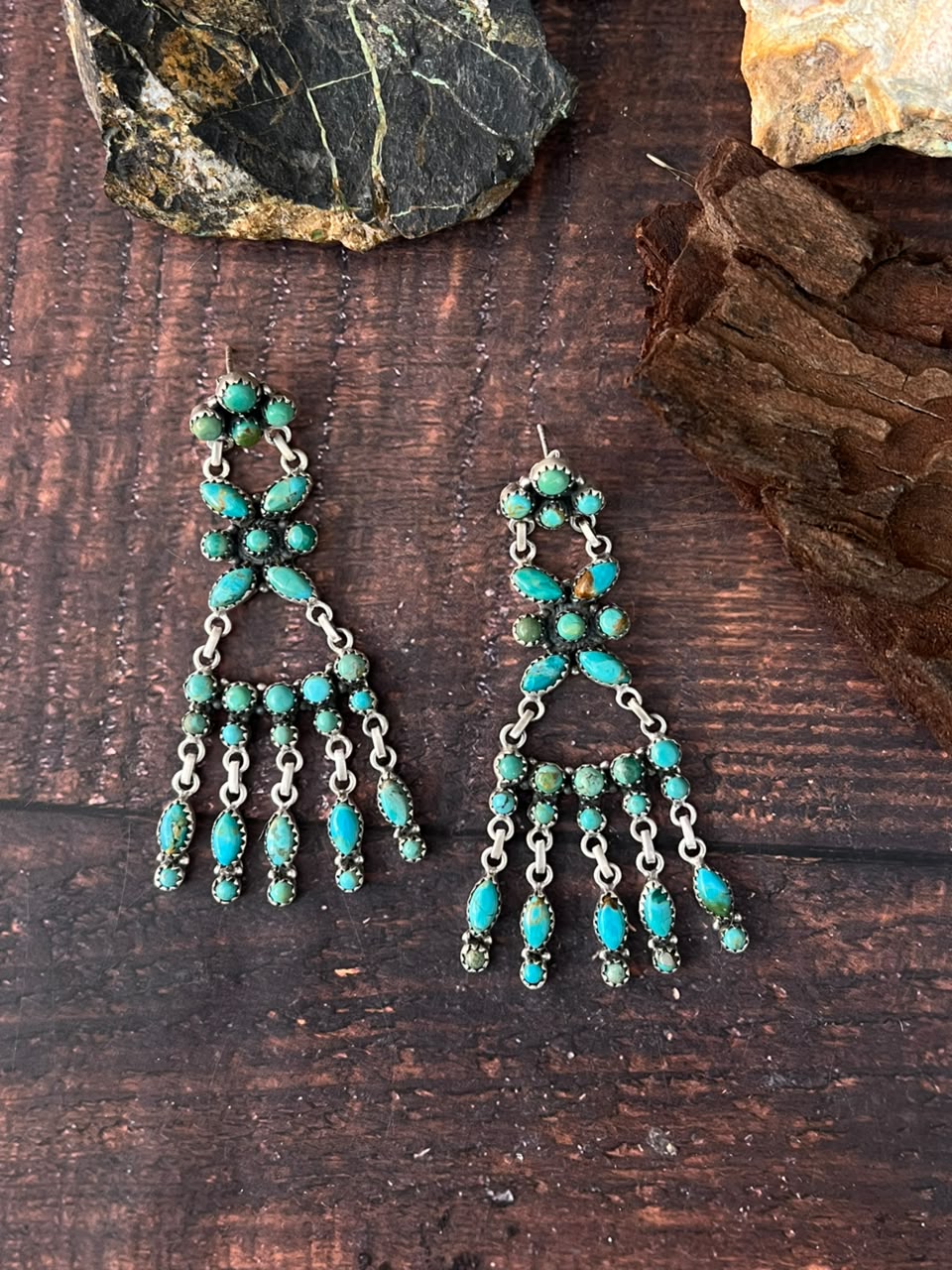 Handmade Sterling Silver Kingman Turquoise Post Dangle Earrings Signed Nizhoni