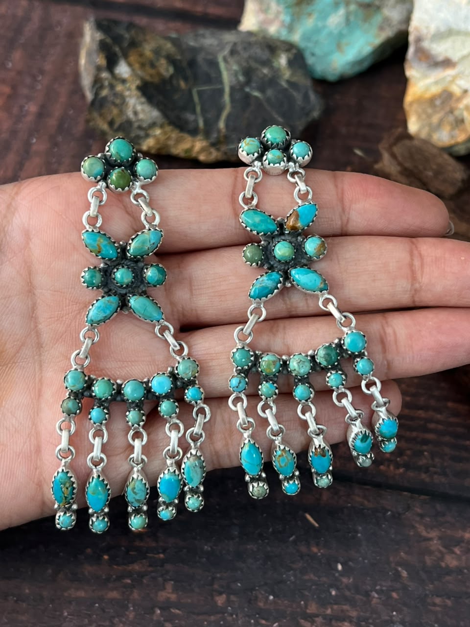 Handmade Sterling Silver Kingman Turquoise Post Dangle Earrings Signed Nizhoni