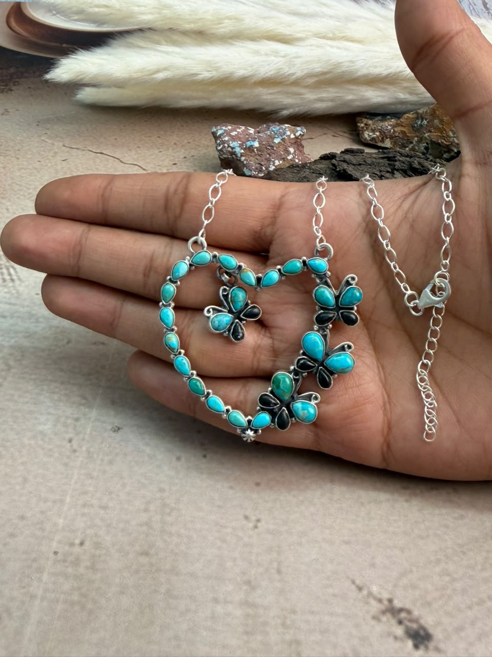 Handmade Sterling Silver White Buffalo with Kingman Turquoise Heart Necklace Signed Nizhoni