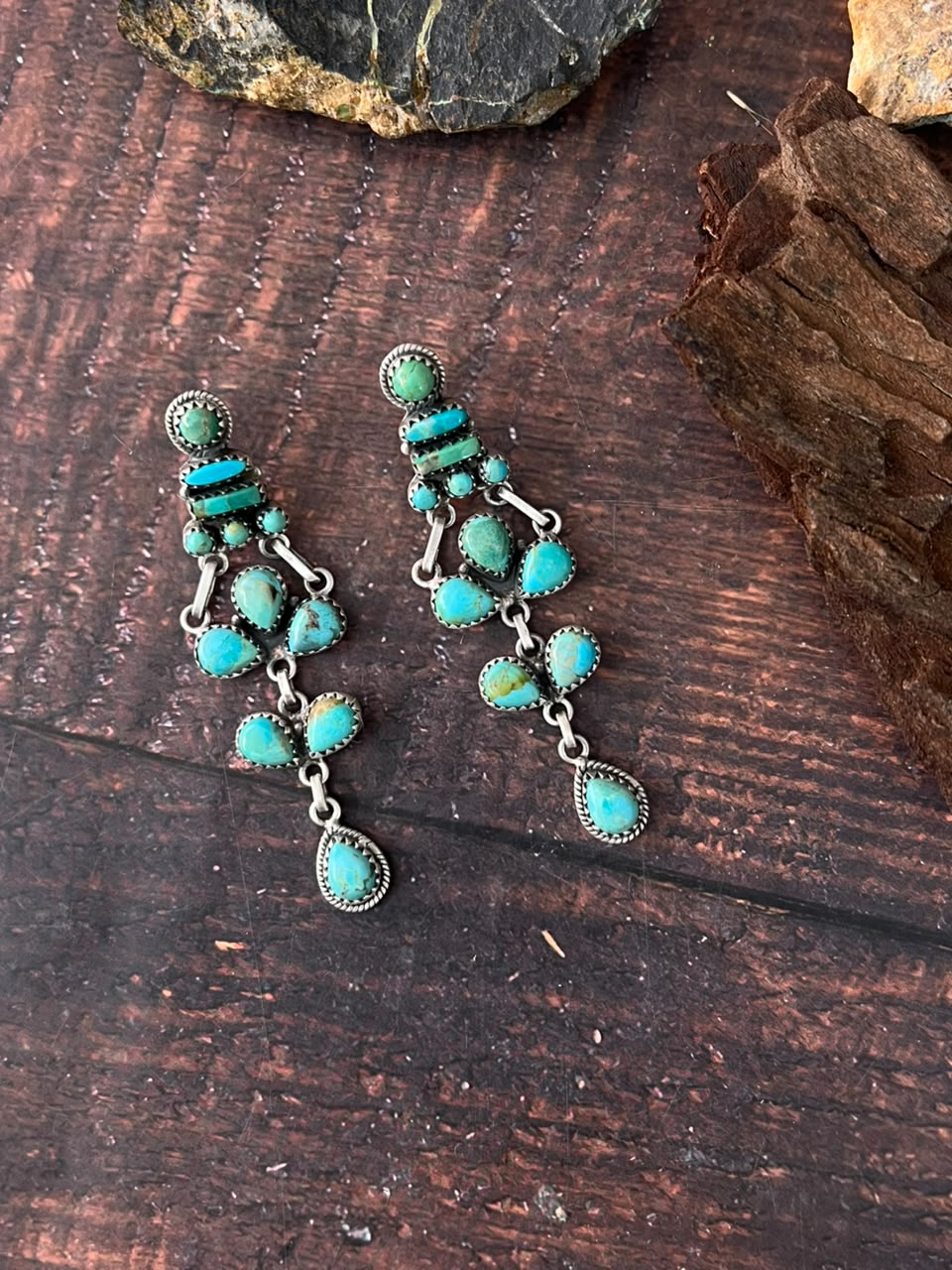 Handmade Sterling Silver Kingman Turquoise Post Dangle Earrings Signed Nizhoni