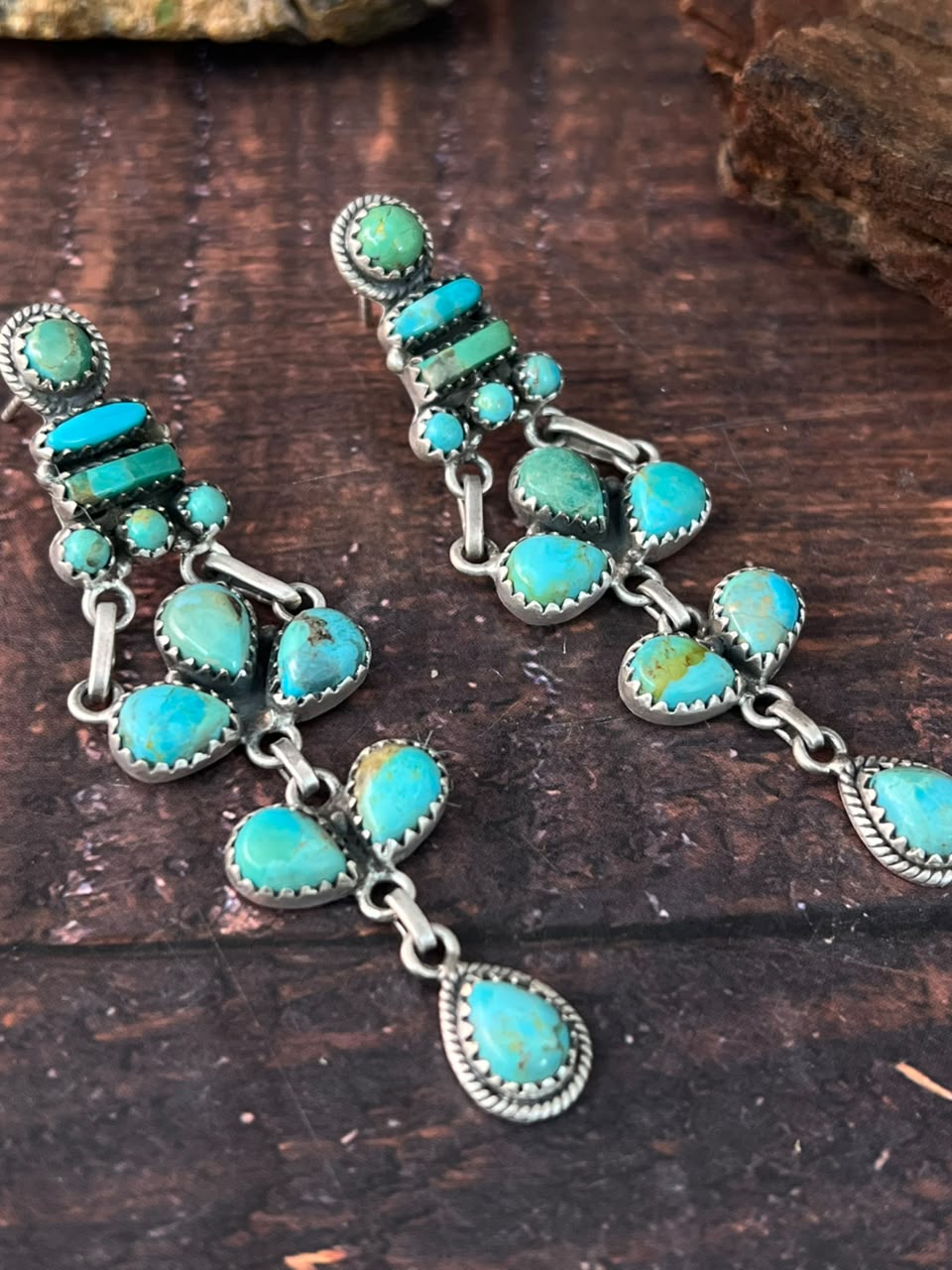Handmade Sterling Silver Kingman Turquoise Post Dangle Earrings Signed Nizhoni