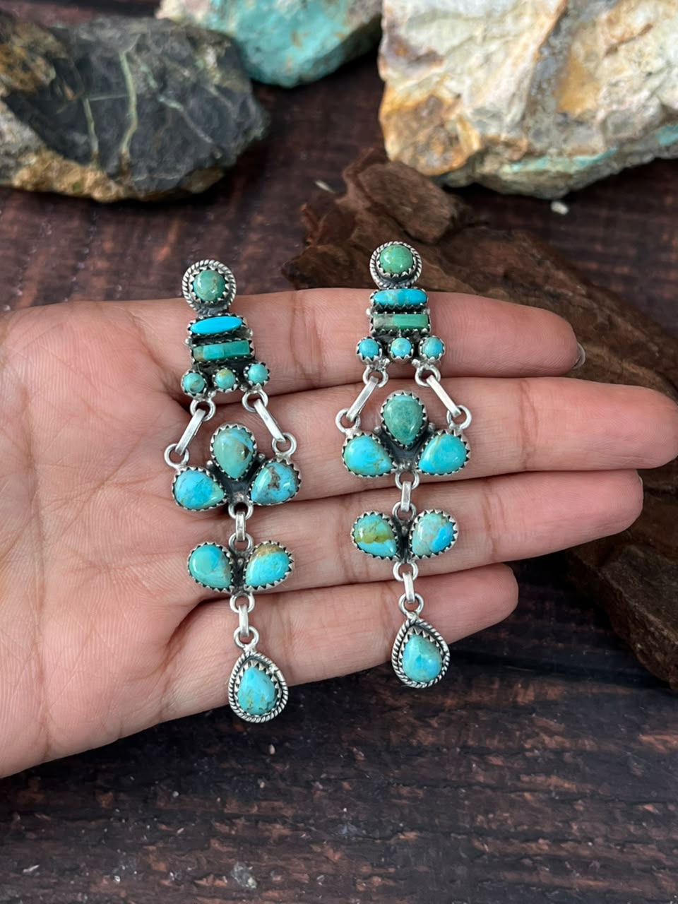 Handmade Sterling Silver Kingman Turquoise Post Dangle Earrings Signed Nizhoni