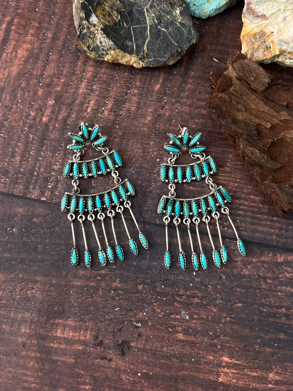 Handmade Sterling Silver Kingman Turquoise Post Dangle Earrings Signed Nizhoni