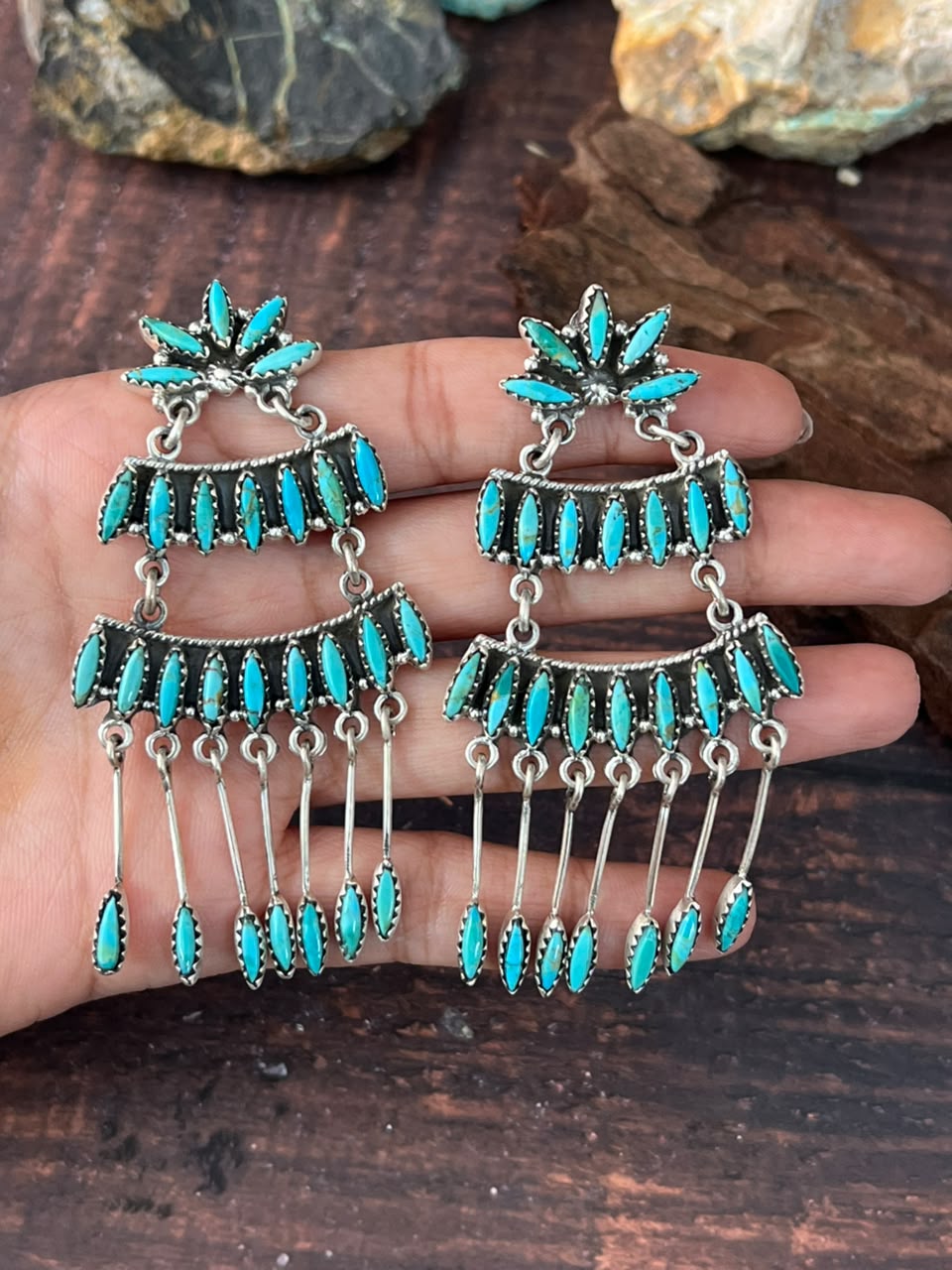 Handmade Sterling Silver Kingman Turquoise Post Dangle Earrings Signed Nizhoni
