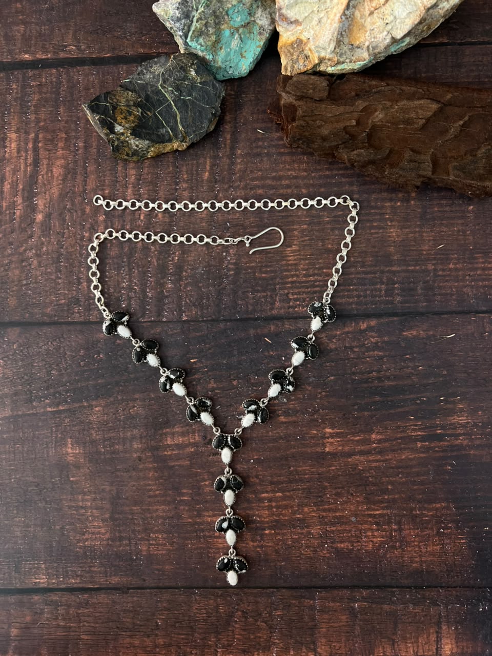 Handmade Sterling Silver White Buffalo 'Y Shaped' Necklace Signed Nizhoni