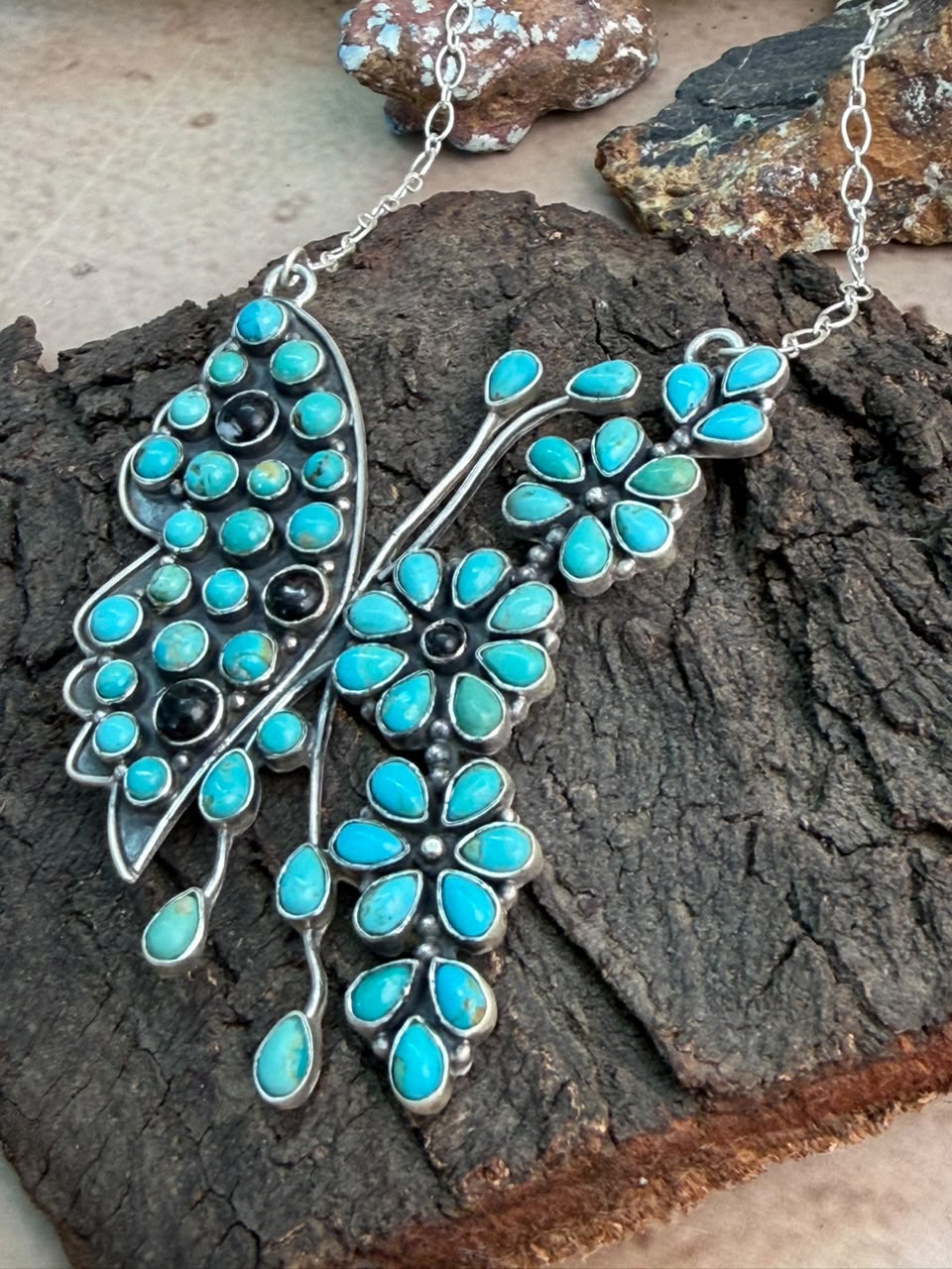 Handmade Sterling Silver White Buffalo with Kingman Turquoise Butterfly Necklace Signed Nizhoni