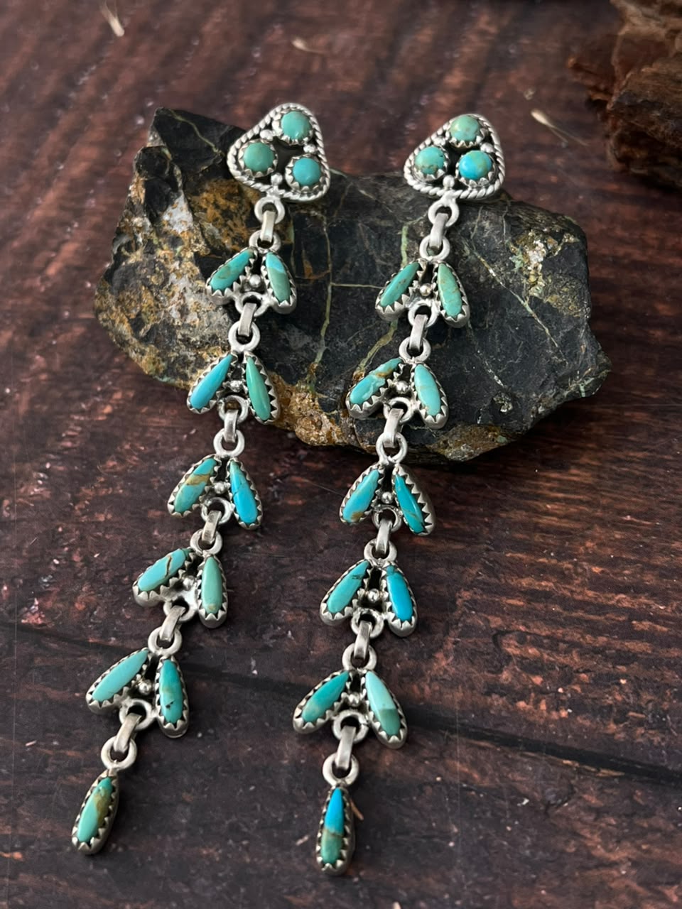 Handmade Sterling Silver Kingman Turquoise Post Dangle Earrings Signed Nizhoni