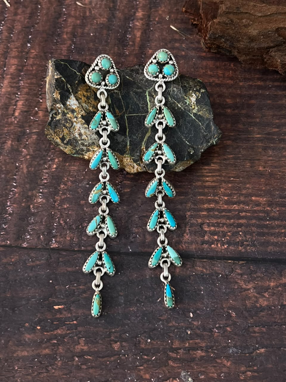 Handmade Sterling Silver Kingman Turquoise Post Dangle Earrings Signed Nizhoni