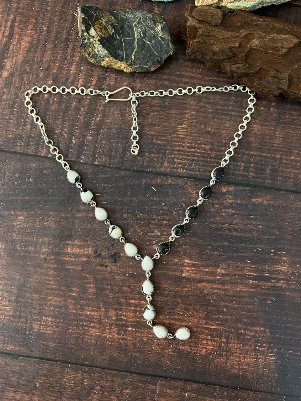 Handmade Sterling Silver White Buffalo 'Y Shaped' Necklace Signed Nizhoni