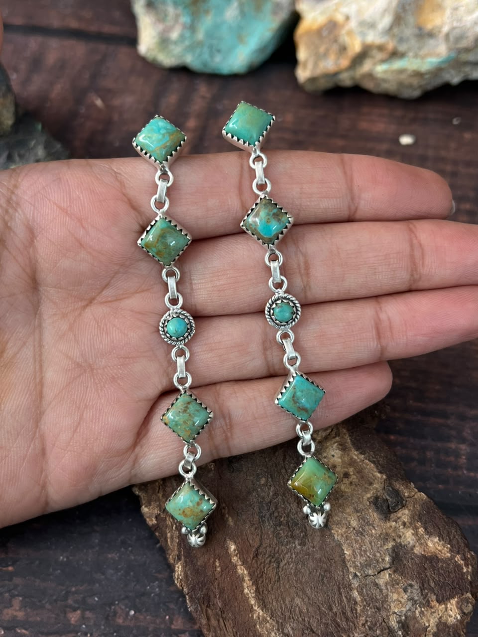 Handmade Sterling Silver Royston Turquoise Post Dangle Earrings Signed Nizhoni