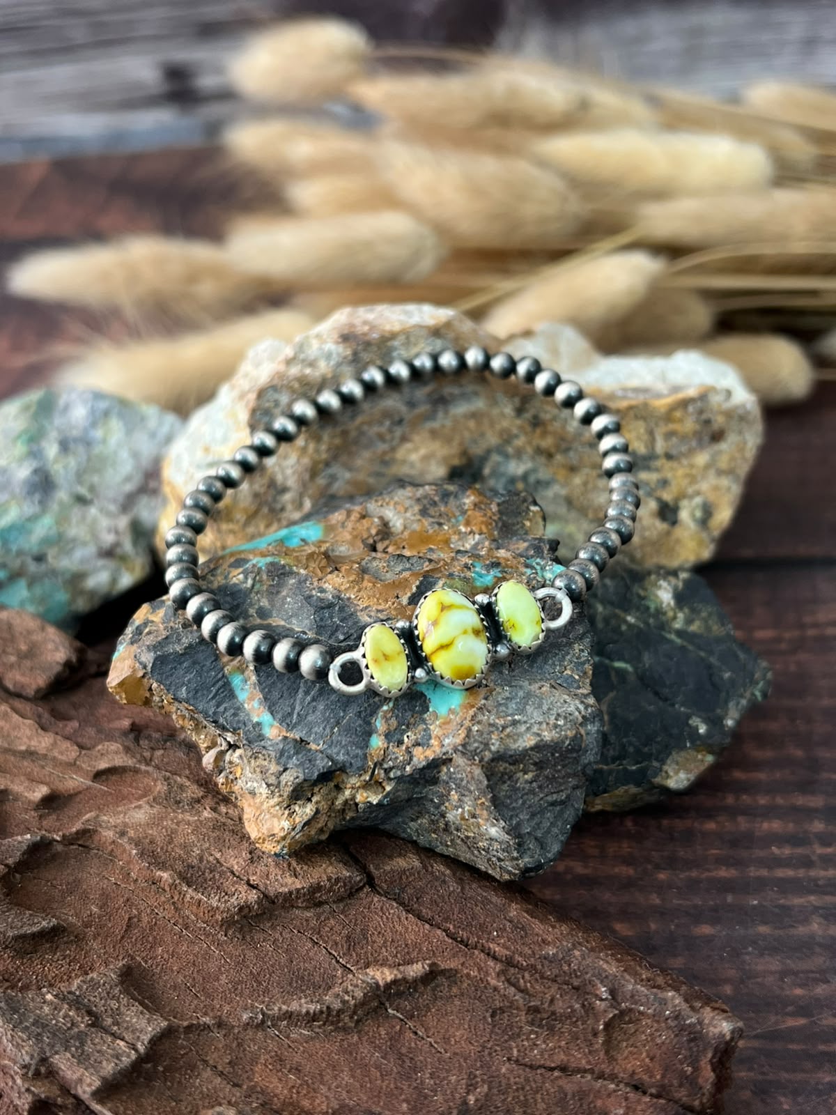 Handmade Sterling Silver Palomino Turquoise Stretchy Beaded Bracelet Signed Nizhoni