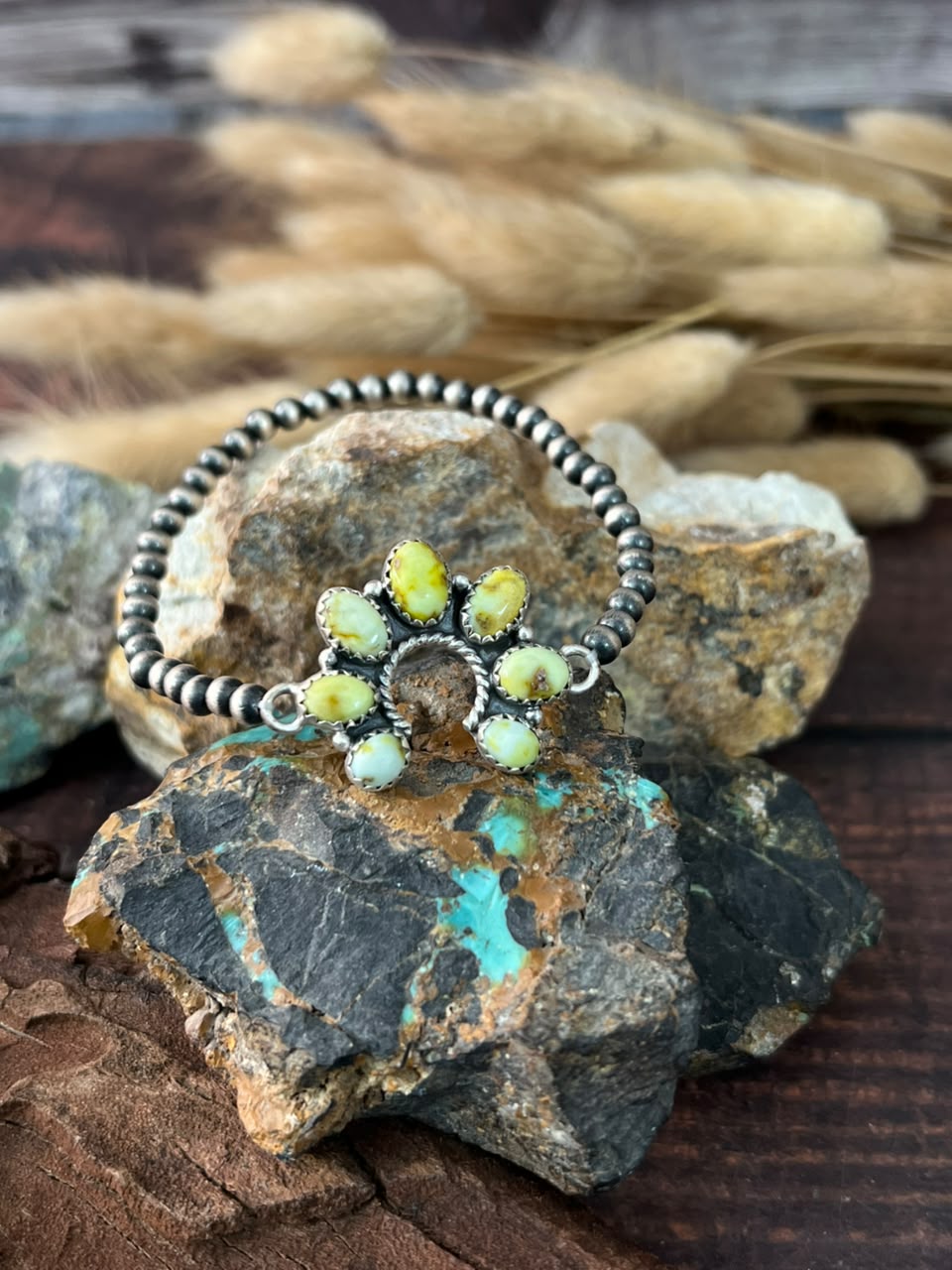 Handmade Sterling Silver Palomino Turquoise Naja Stretchy Beaded Bracelet Signed Nizhoni
