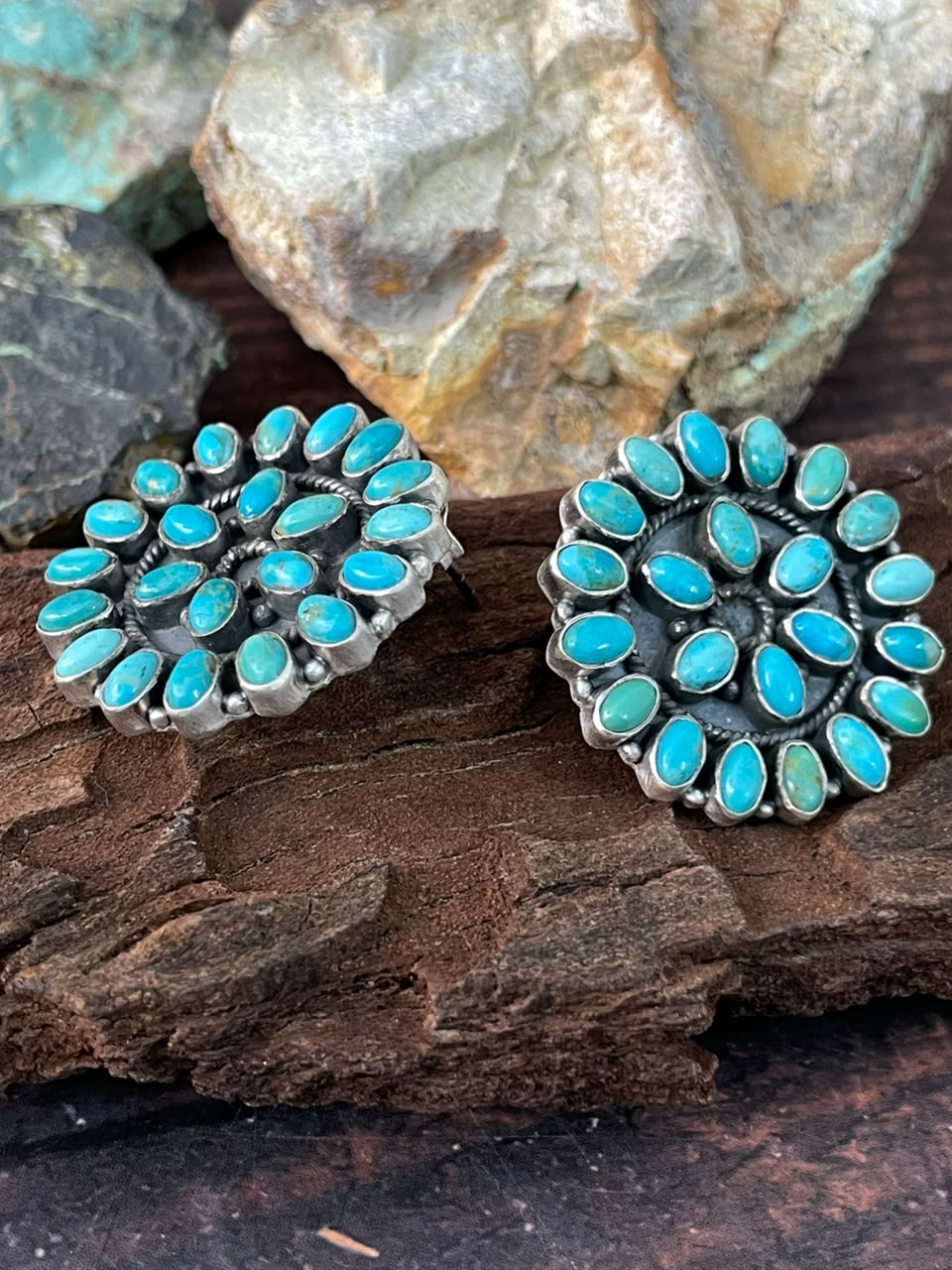 Handmade Sterling Silver Kingman Turquoise Post Studs Earrings Signed Nizhoni