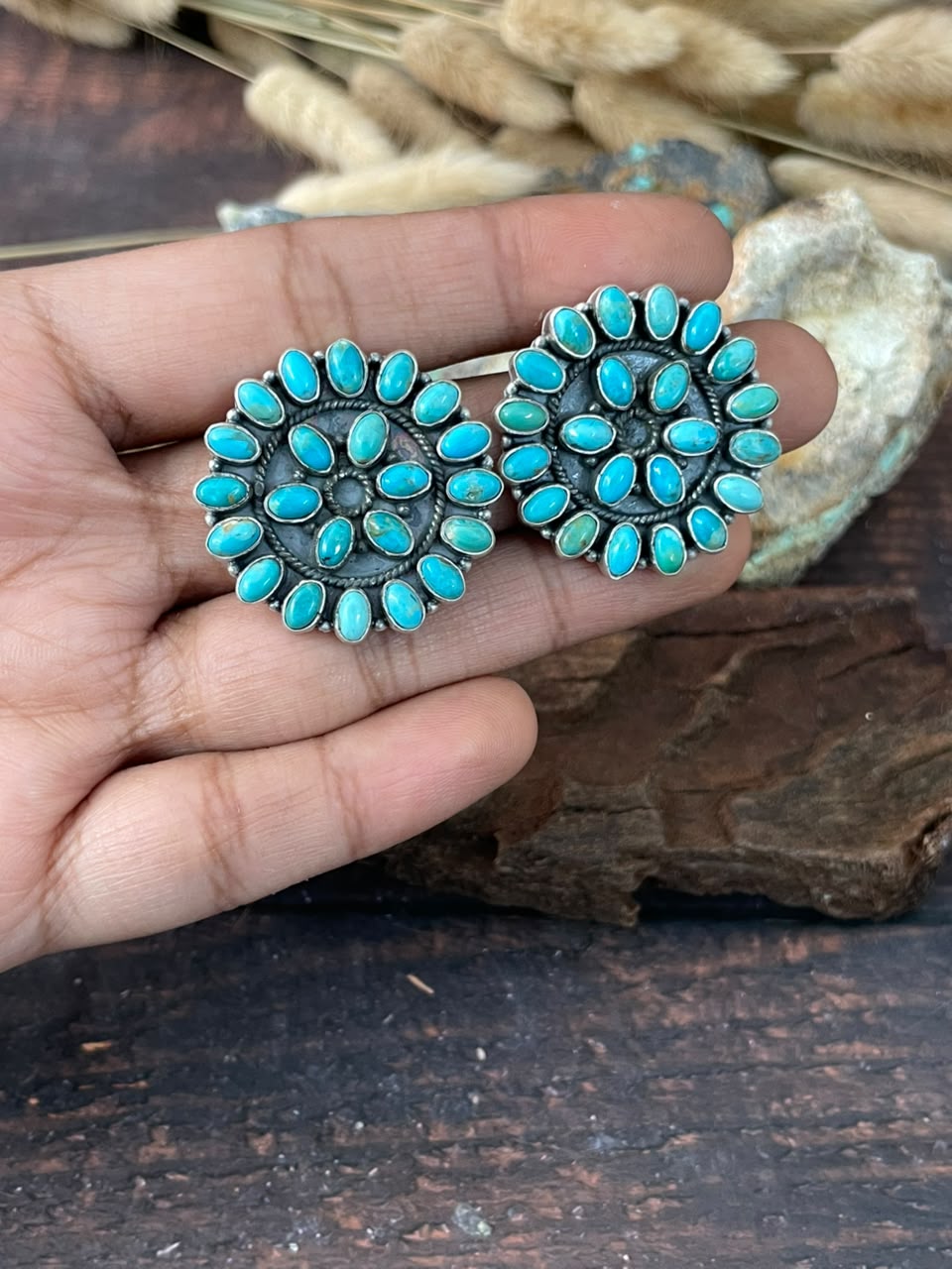 Handmade Sterling Silver Kingman Turquoise Post Studs Earrings Signed Nizhoni