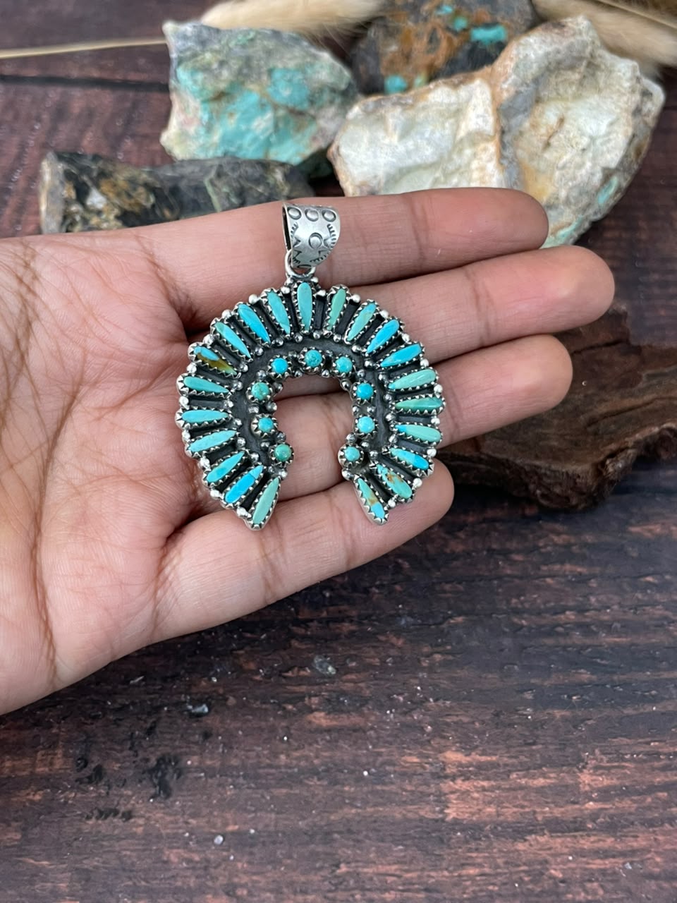 Handmade Sterling Silver Kingman Turquoise Naja Pendant Signed Nizhoni