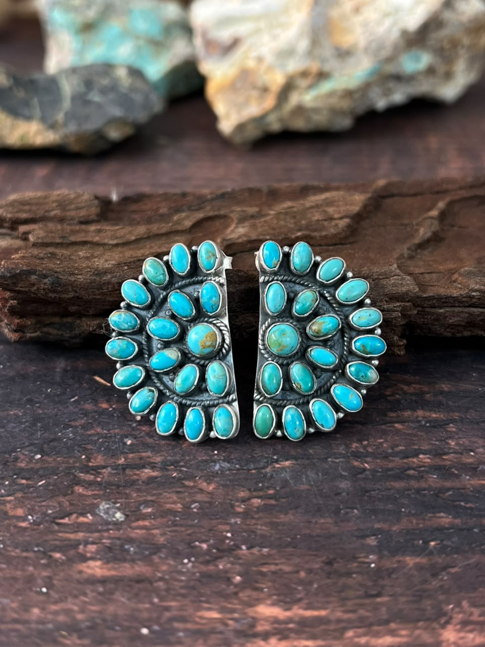 Handmade Sterling Silver Kingman Turquoise Post Studs Earrings Signed Nizhoni