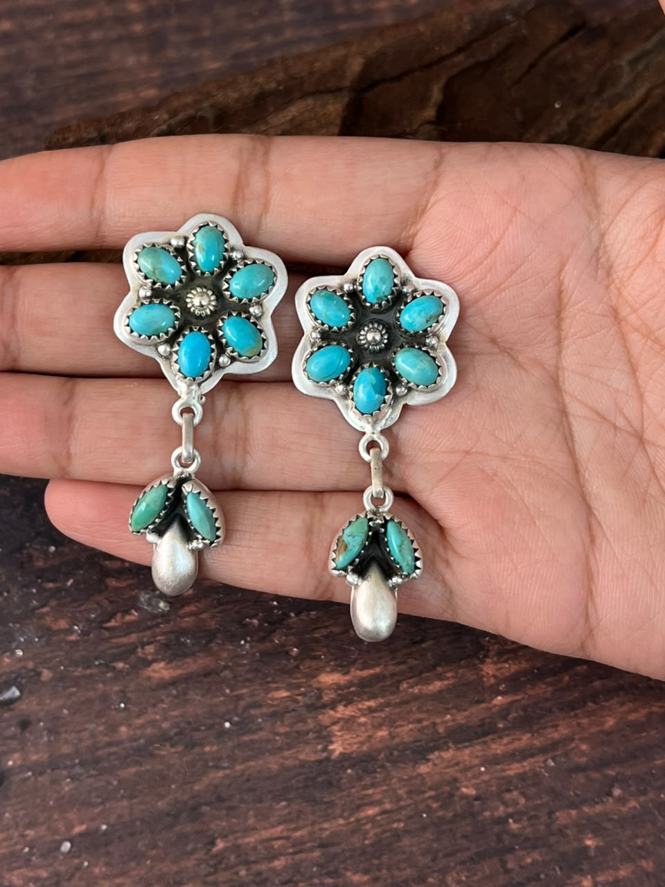 Handmade Sterling Silver Kingman Turquoise Post Dangle Earrings Signed Nizhoni
