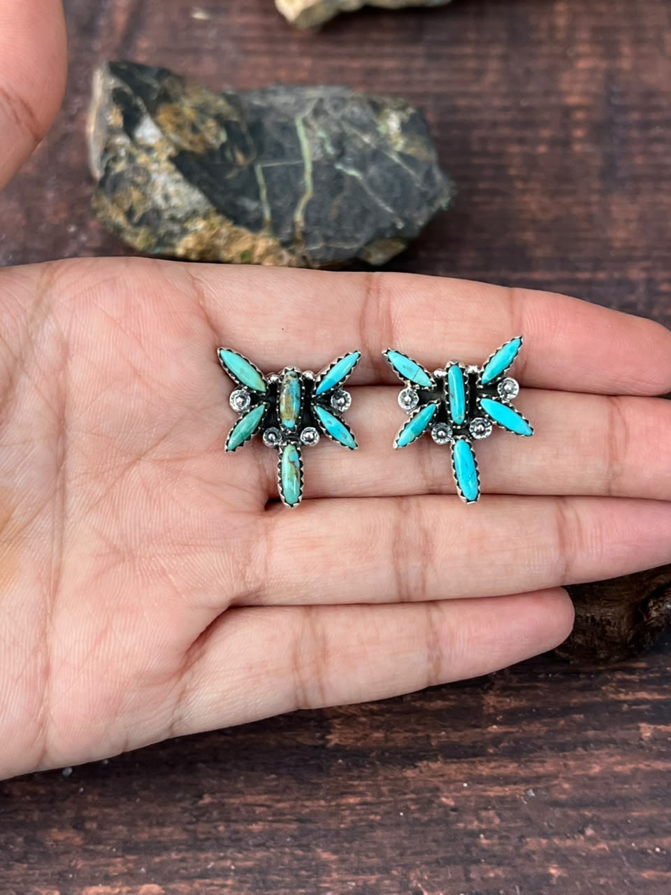 Handmade Sterling Silver Kingman Turquoise Post Studs Earrings Signed Nizhoni