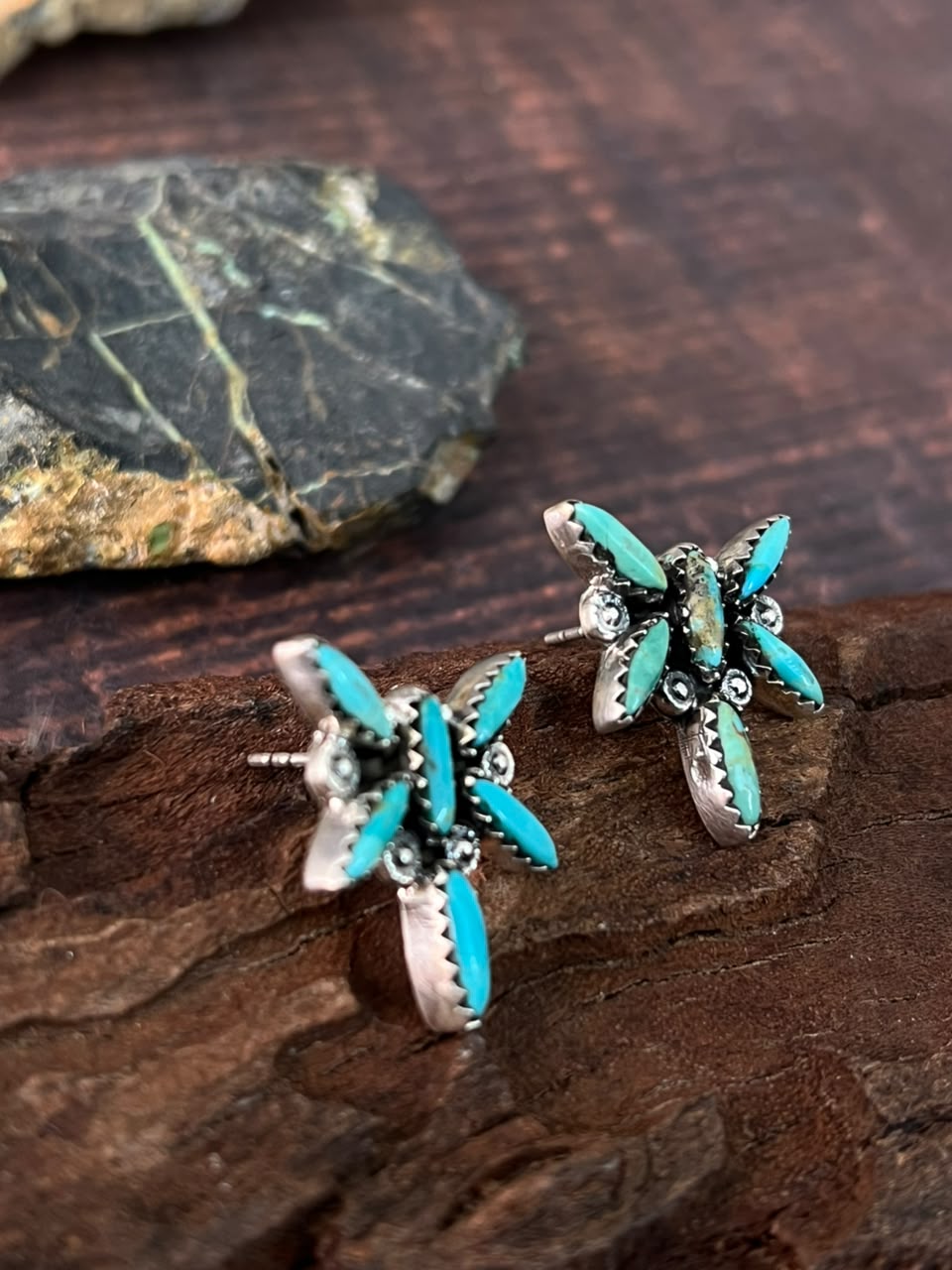 Handmade Sterling Silver Kingman Turquoise Post Studs Earrings Signed Nizhoni