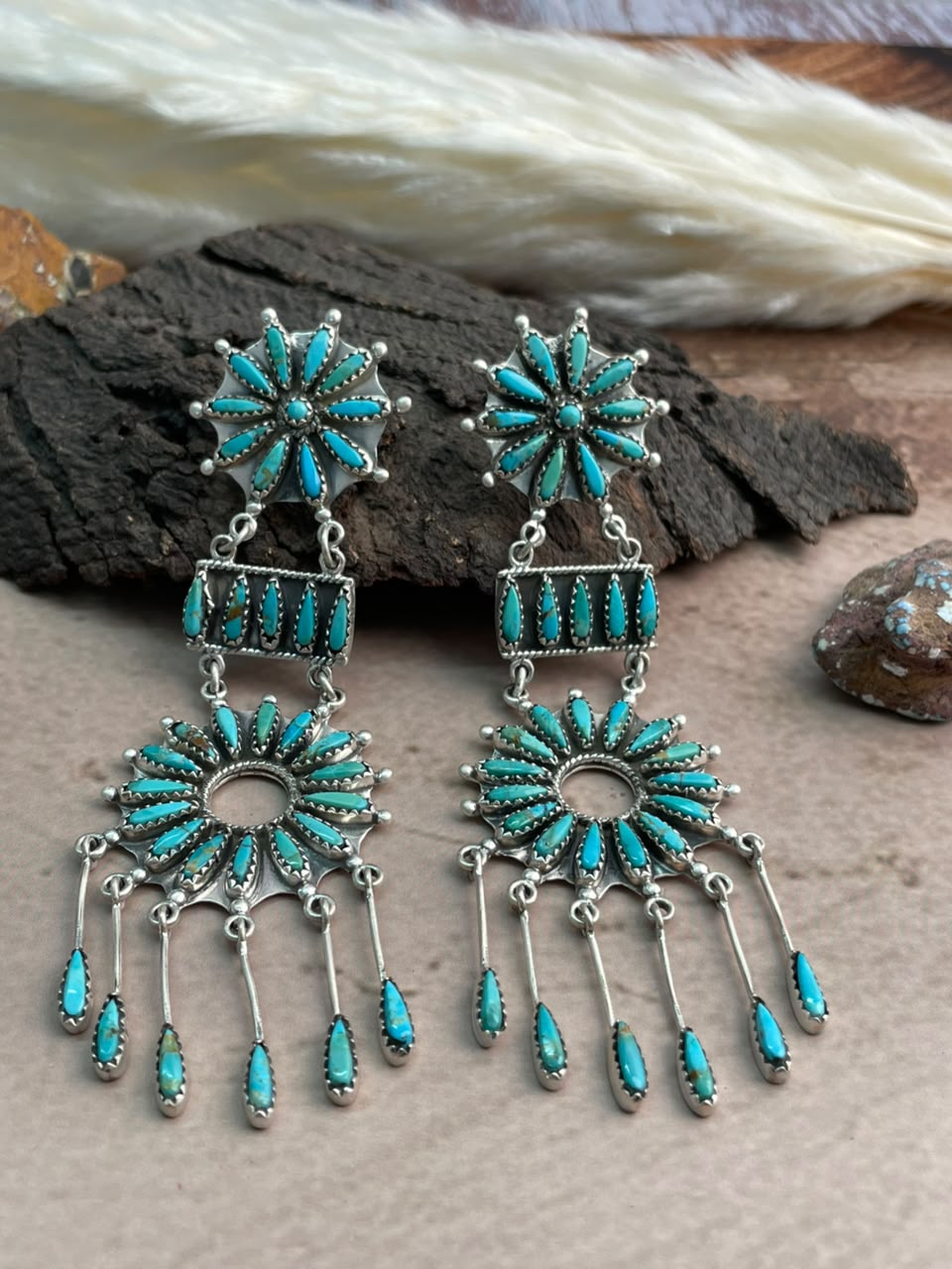 Handmade Sterling Silver Kingman Turquoise Post Dangle Earrings Signed Nizhoni