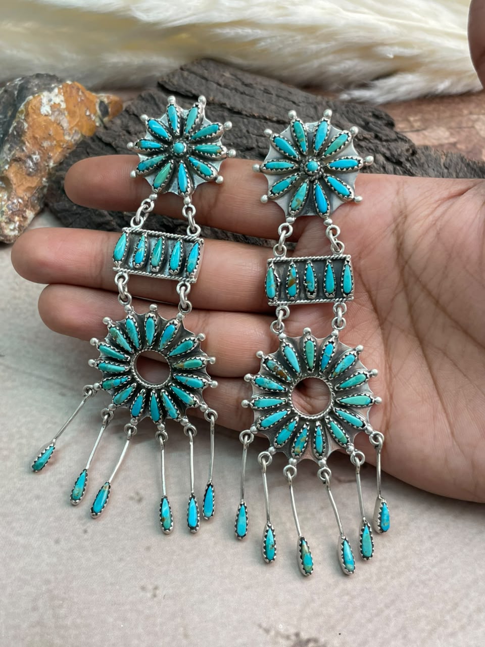Handmade Sterling Silver Kingman Turquoise Post Dangle Earrings Signed Nizhoni