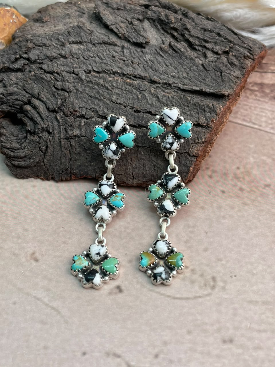 Handmade Sterling Silver White Buffalo with Kingman Turquoise Post Dangle Earrings Signed Nizhoni