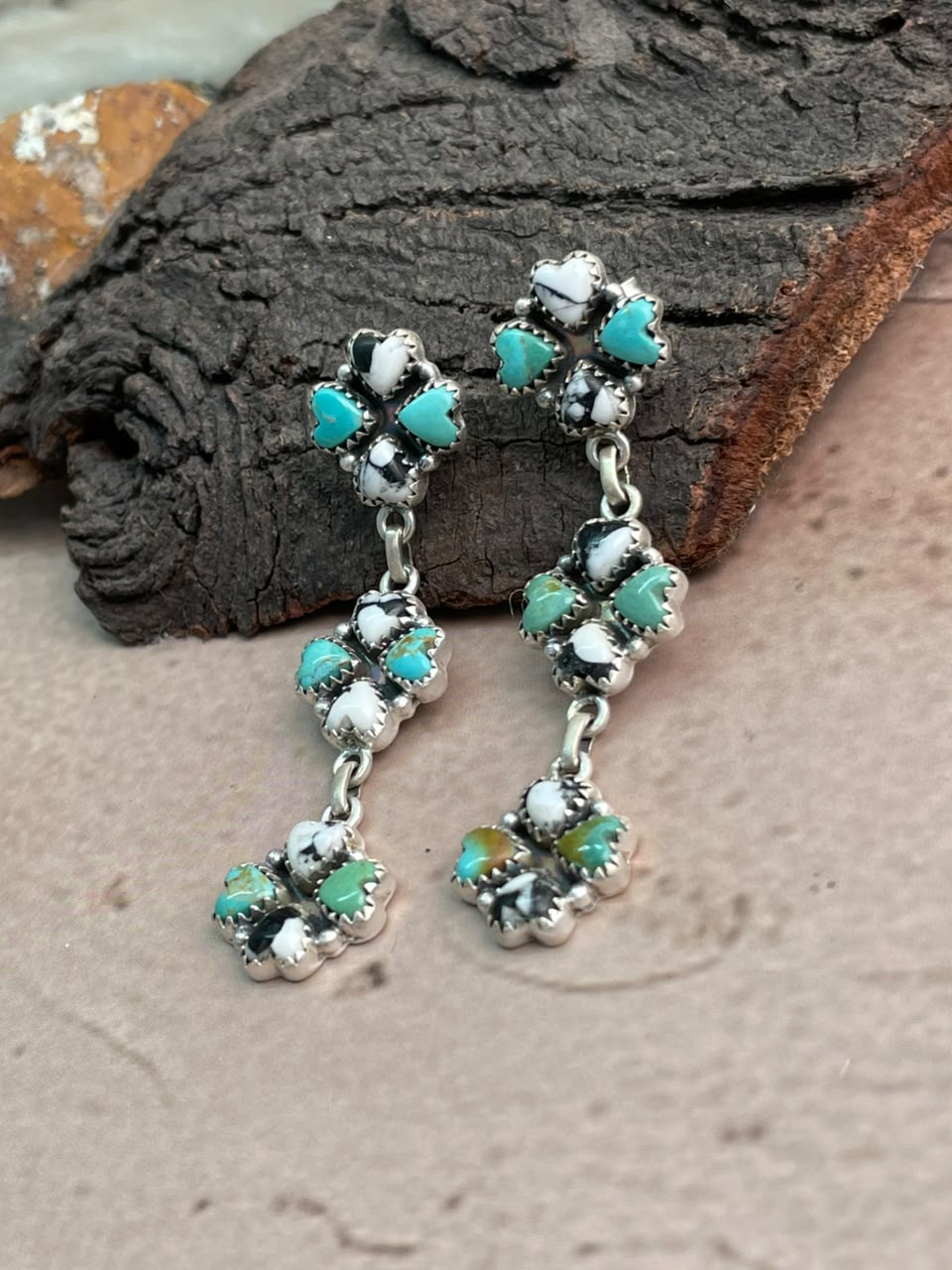 Handmade Sterling Silver White Buffalo with Kingman Turquoise Post Dangle Earrings Signed Nizhoni