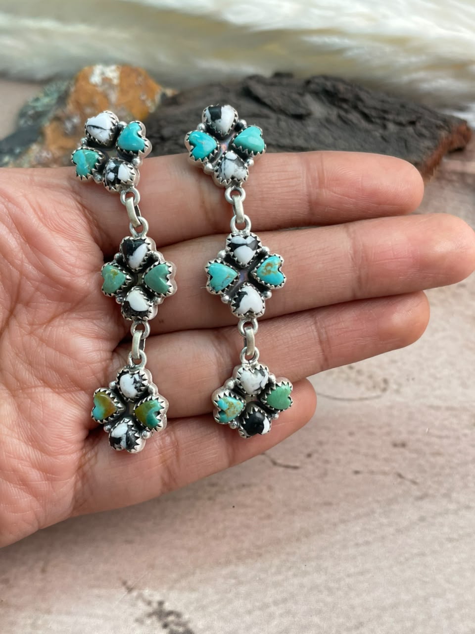 Handmade Sterling Silver White Buffalo with Kingman Turquoise Post Dangle Earrings Signed Nizhoni