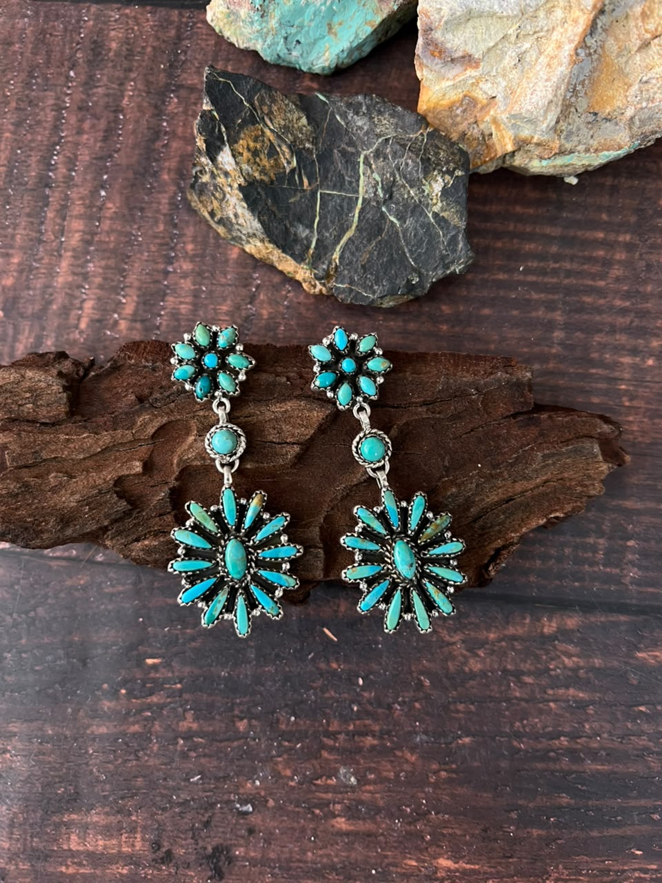 Handmade Sterling Silver Kingman Turquoise Post Dangle Earrings Signed Nizhoni