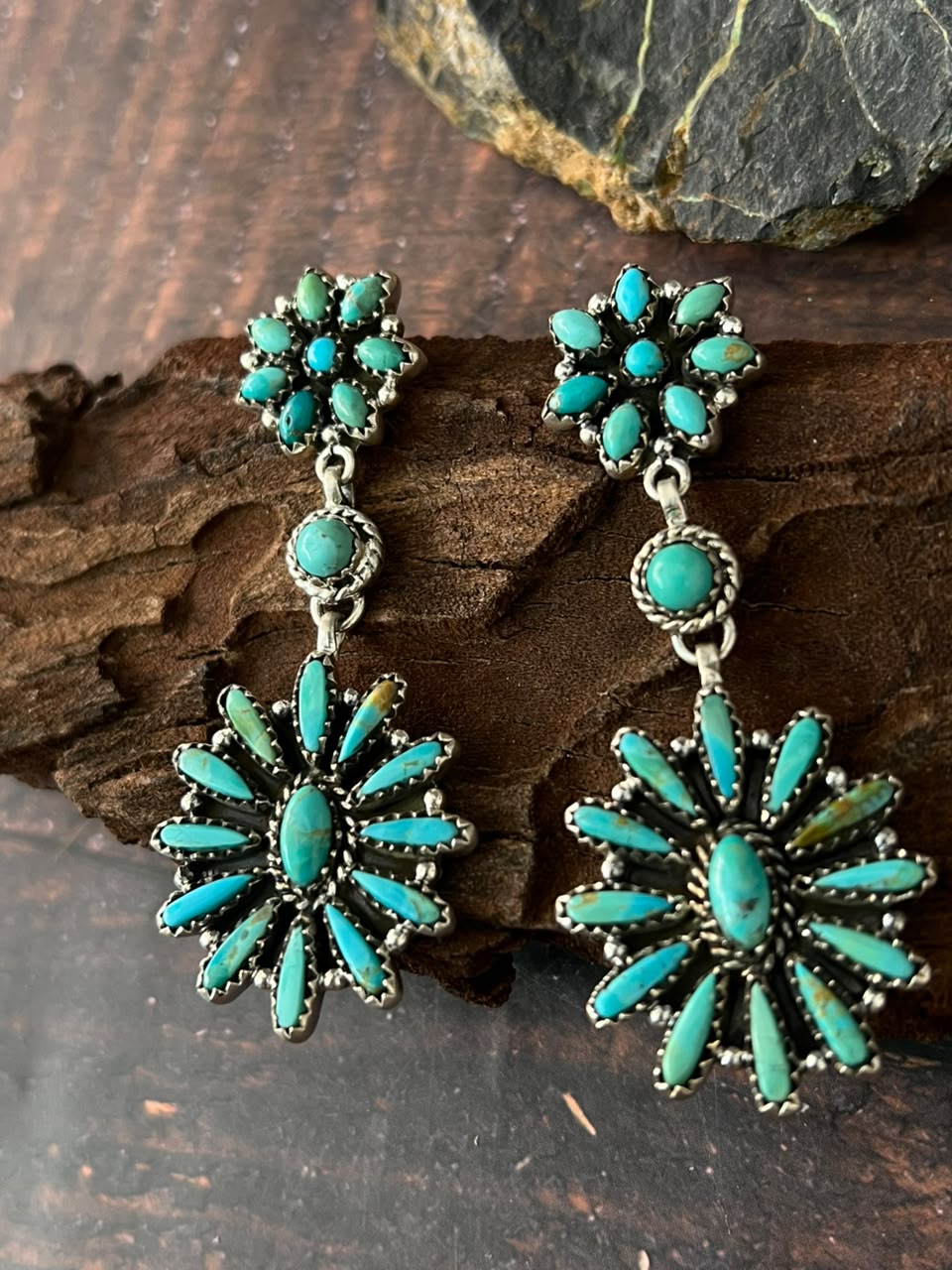 Handmade Sterling Silver Kingman Turquoise Post Dangle Earrings Signed Nizhoni