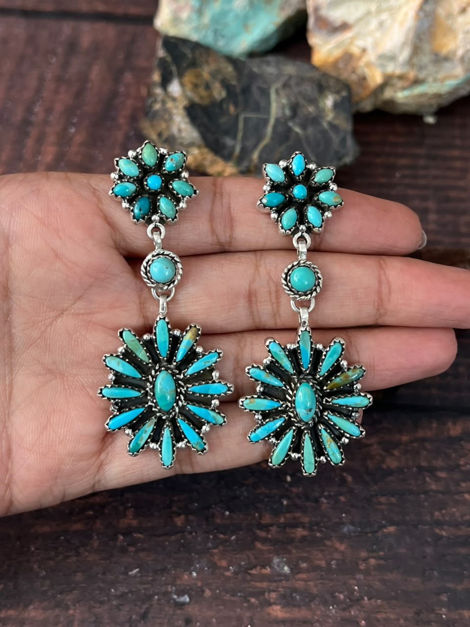 Handmade Sterling Silver Kingman Turquoise Post Dangle Earrings Signed Nizhoni