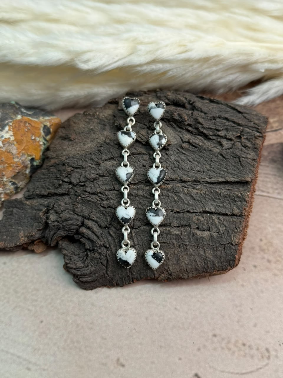 Handmade Sterling Silver White Buffalo Post Dangle Earrings Signed Nizhoni
