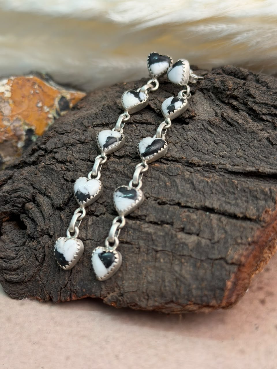 Handmade Sterling Silver White Buffalo Post Dangle Earrings Signed Nizhoni