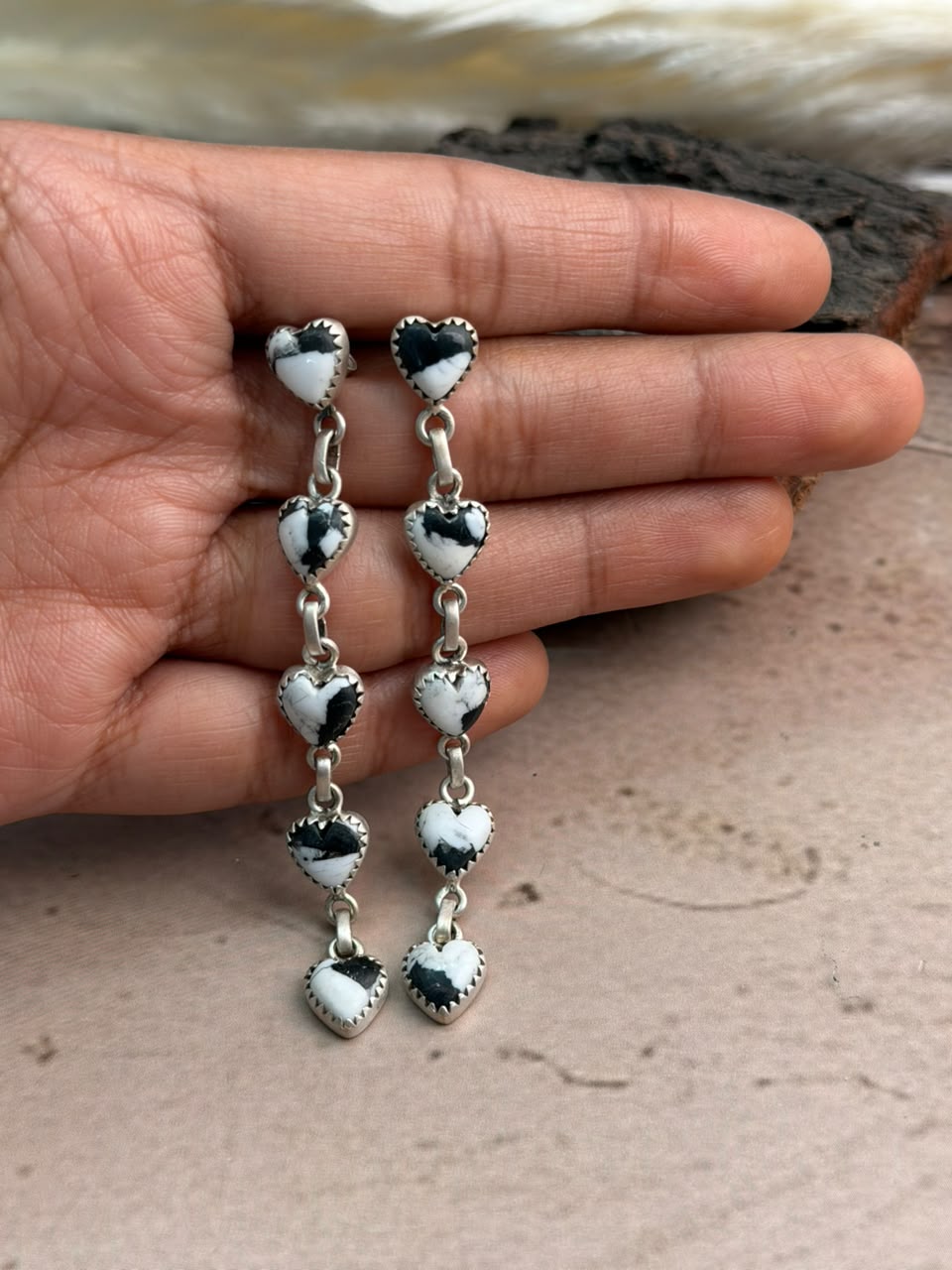 Handmade Sterling Silver White Buffalo Post Dangle Earrings Signed Nizhoni