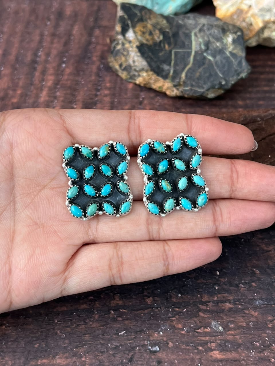 Handmade Sterling Silver Kingman Turquoise Post Studs Earrings Signed Nizhoni