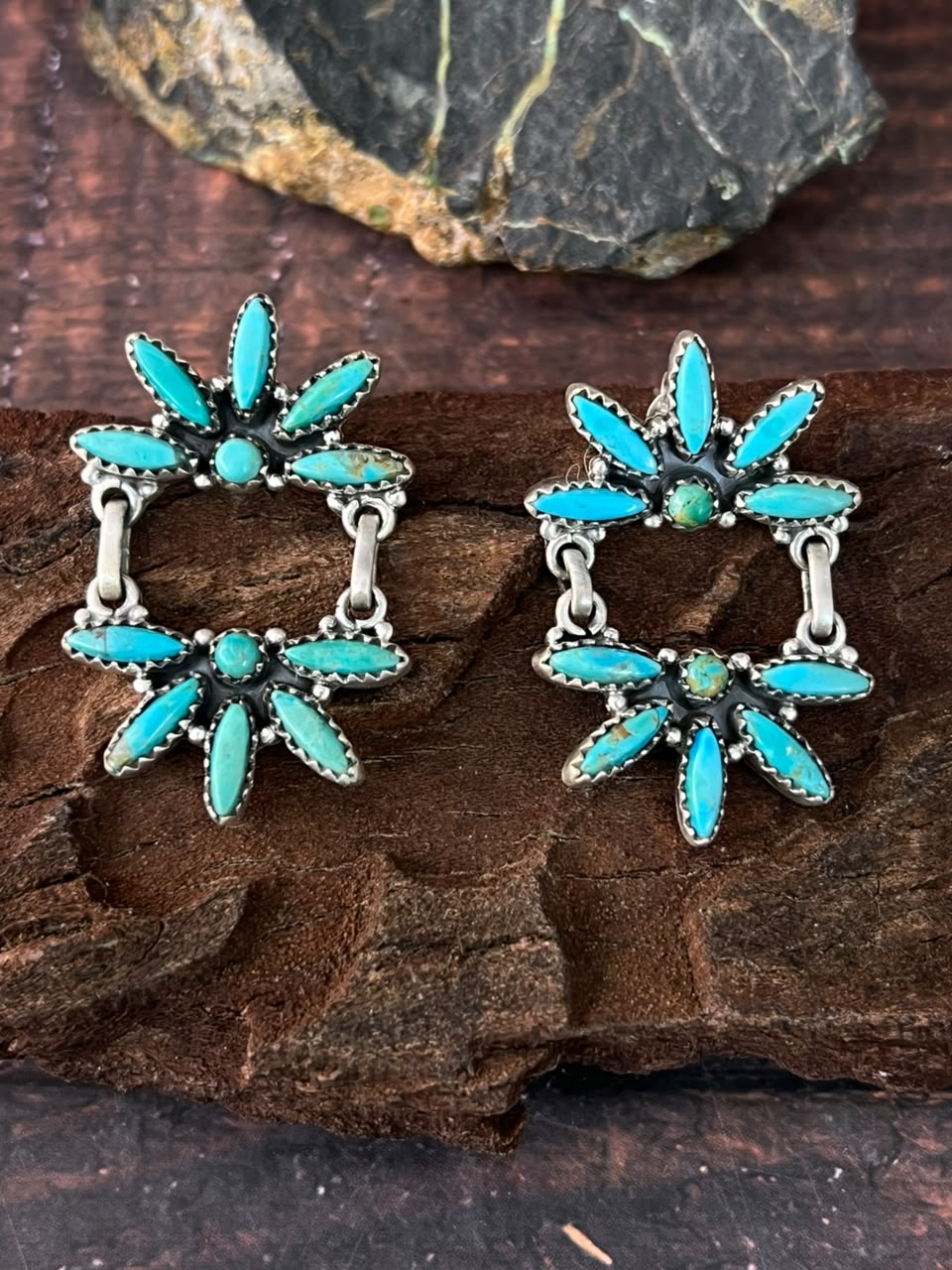Handmade Sterling Silver Kingman Turquoise Post Dangle Earrings Signed Nizhoni