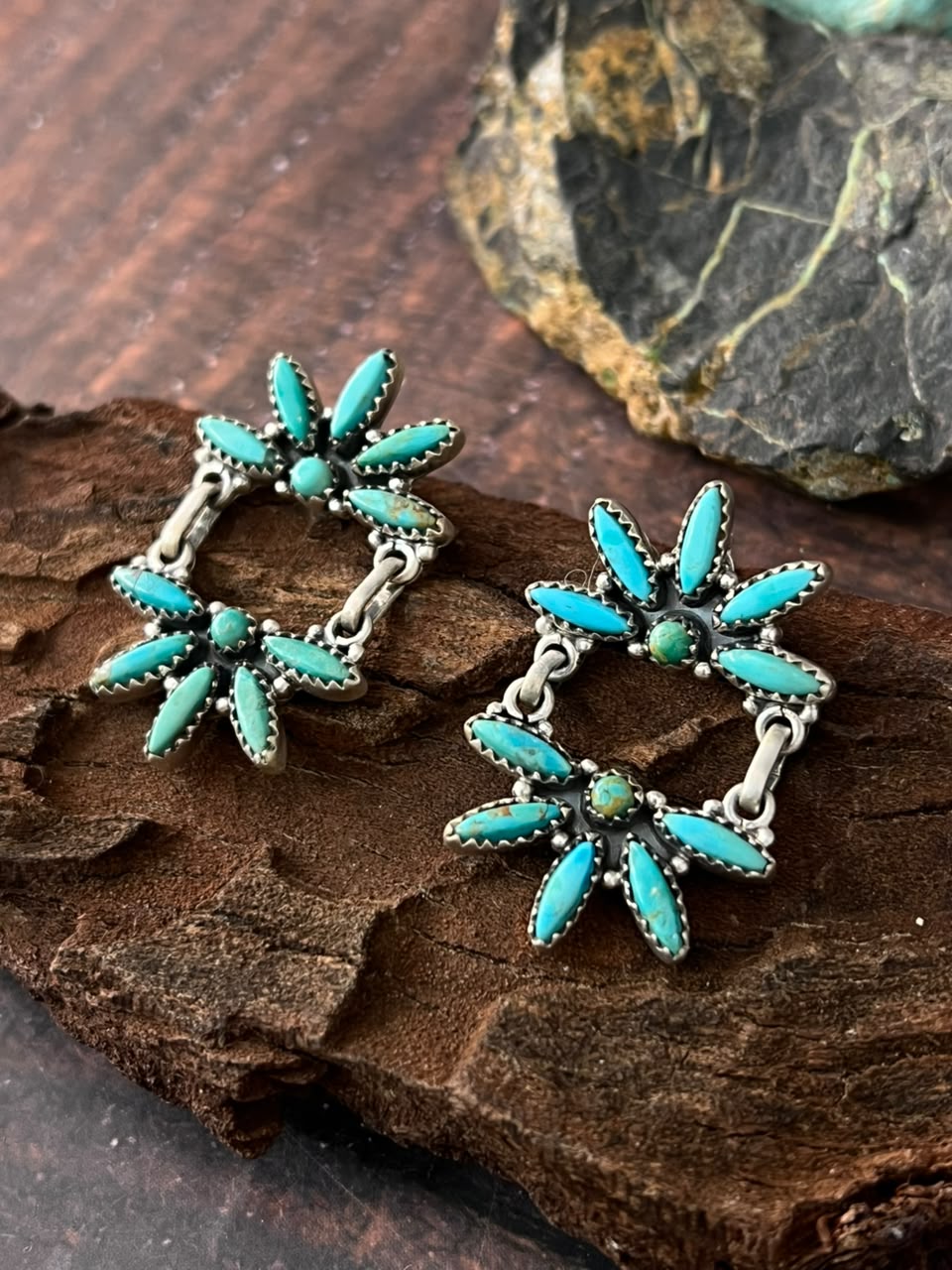 Handmade Sterling Silver Kingman Turquoise Post Dangle Earrings Signed Nizhoni