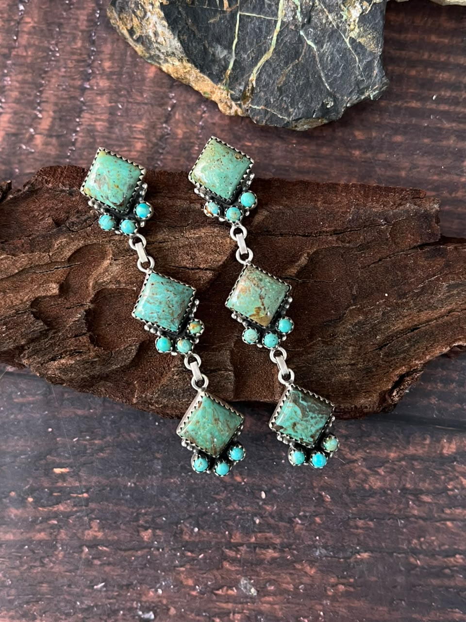 Handmade Sterling Silver Royston Turquoise Post Dangle Earrings Signed Nizhoni