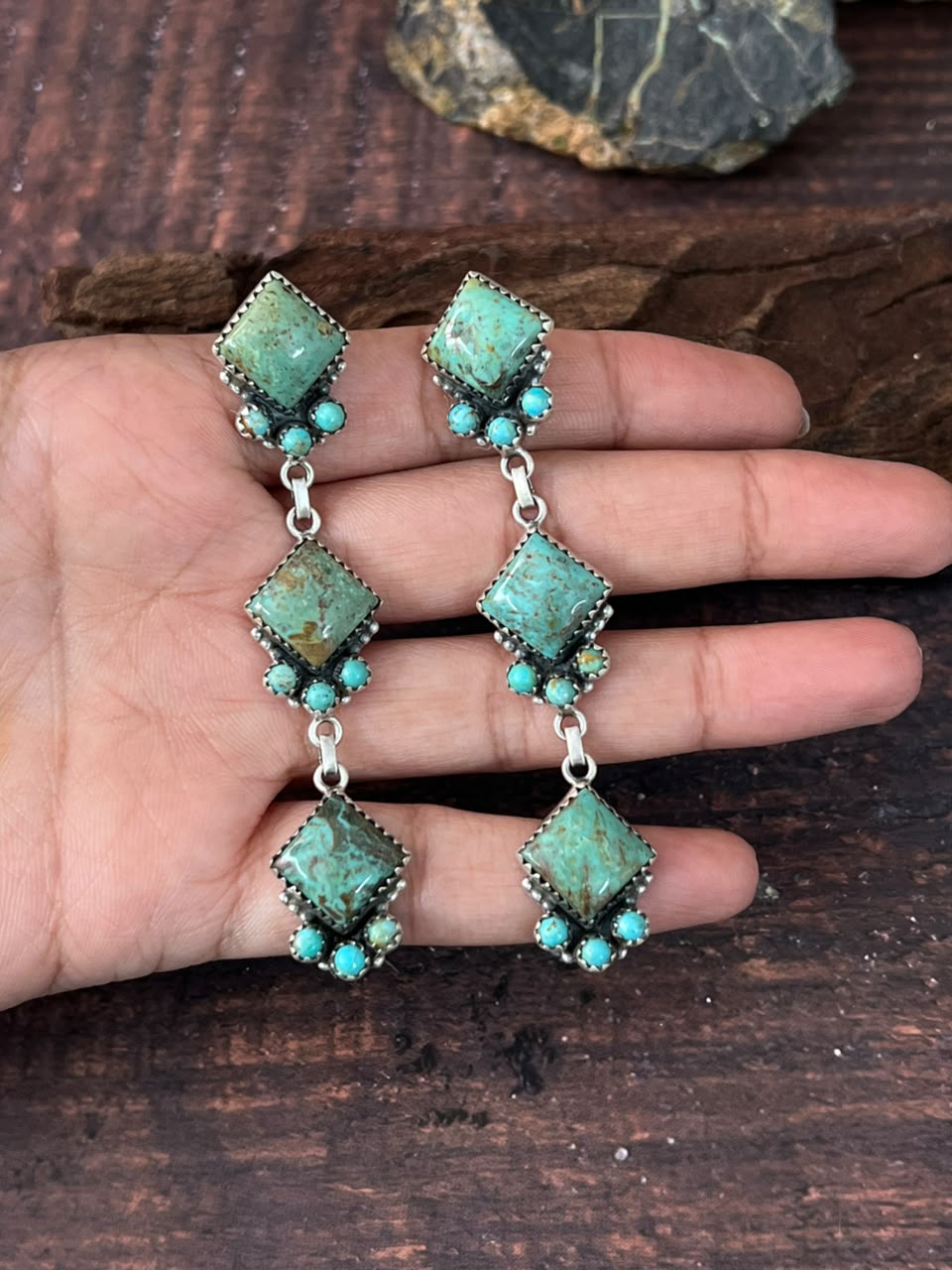Handmade Sterling Silver Royston Turquoise Post Dangle Earrings Signed Nizhoni