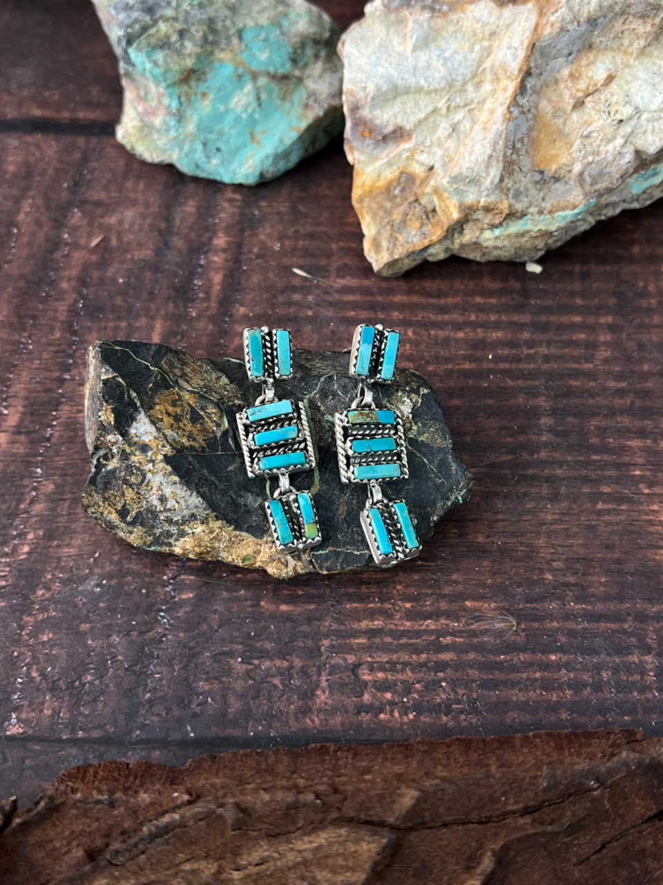 Handmade Sterling Silver Kingman Turquoise Post Dangle Earrings Signed Nizhoni