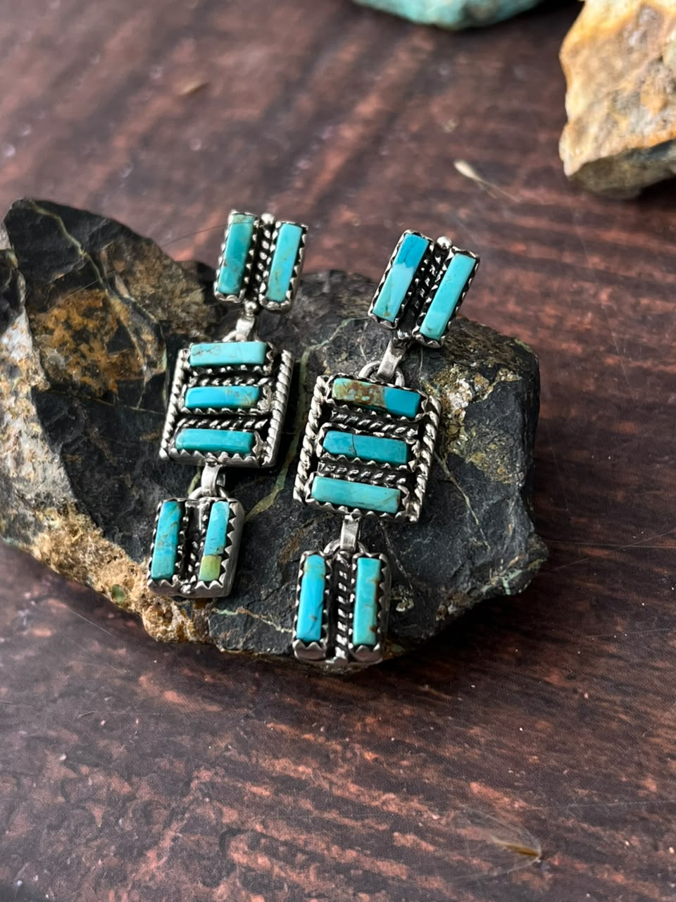 Handmade Sterling Silver Kingman Turquoise Post Dangle Earrings Signed Nizhoni