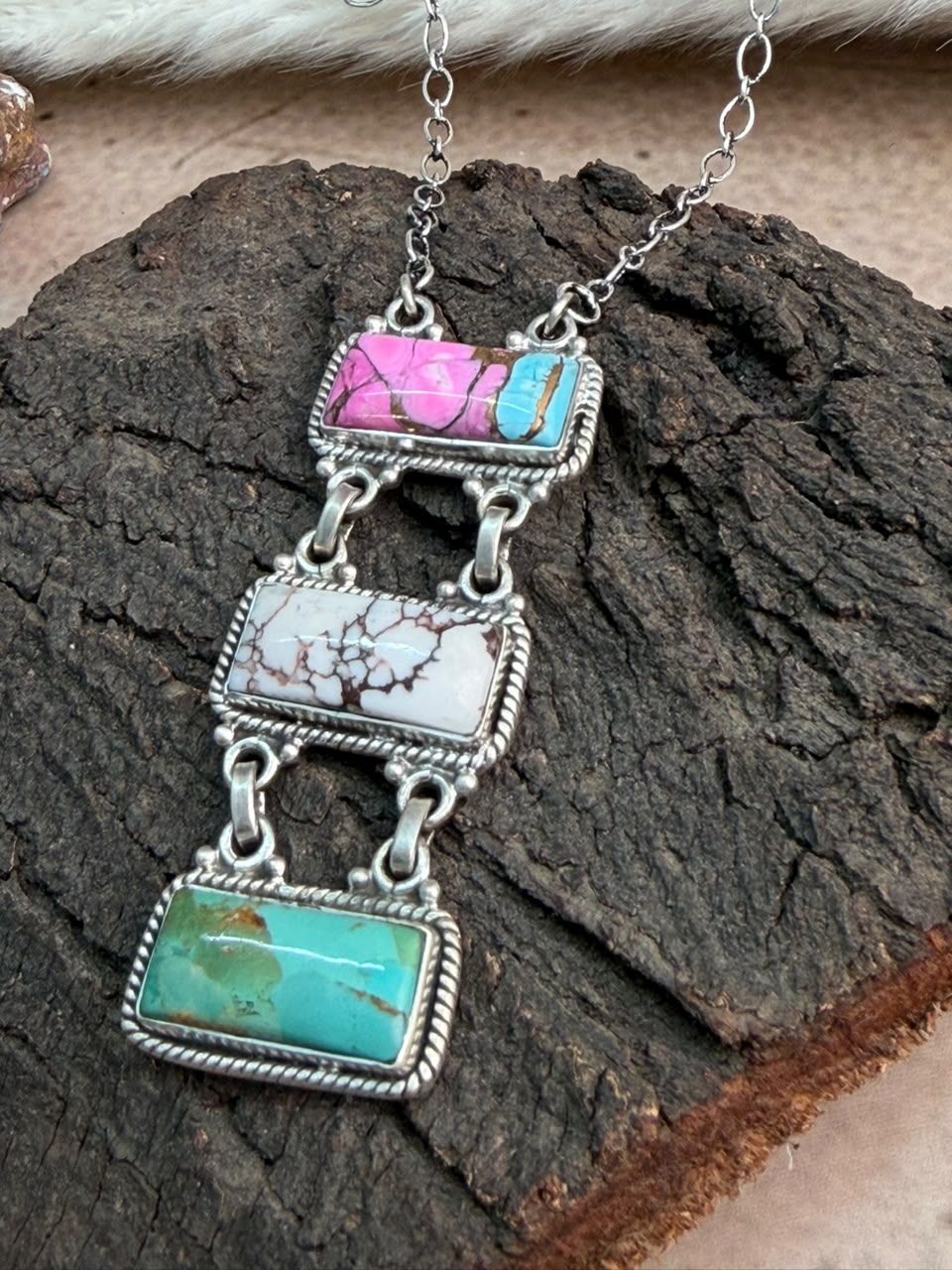 Handmade Sterling Silver Wildhorse Magnesite with Kingman Turquoise and Cotton Candy Necklace Signed Nizhoni