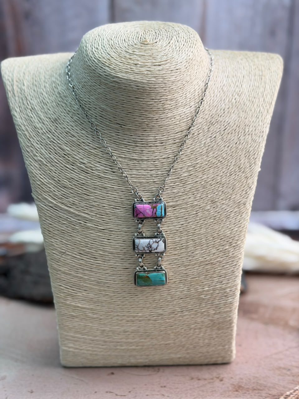 Handmade Sterling Silver Wildhorse Magnesite with Kingman Turquoise and Cotton Candy Necklace Signed Nizhoni