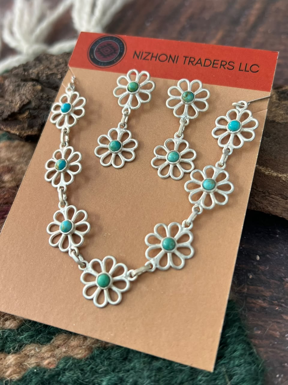 Handmade Sterling Silver Kingman Turquoise Necklace and Earrings Set Card